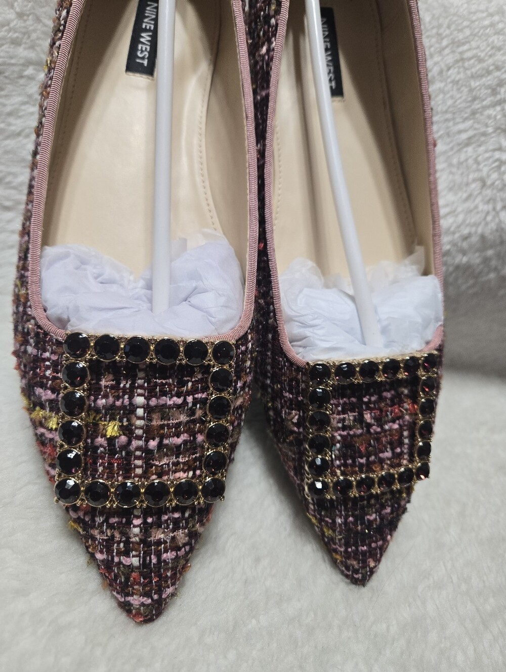 Nine West Pink Tweed Rhinestone Jesike Buckle Slip On Dressy FlatsNew In Box! - Picture 5 of 8